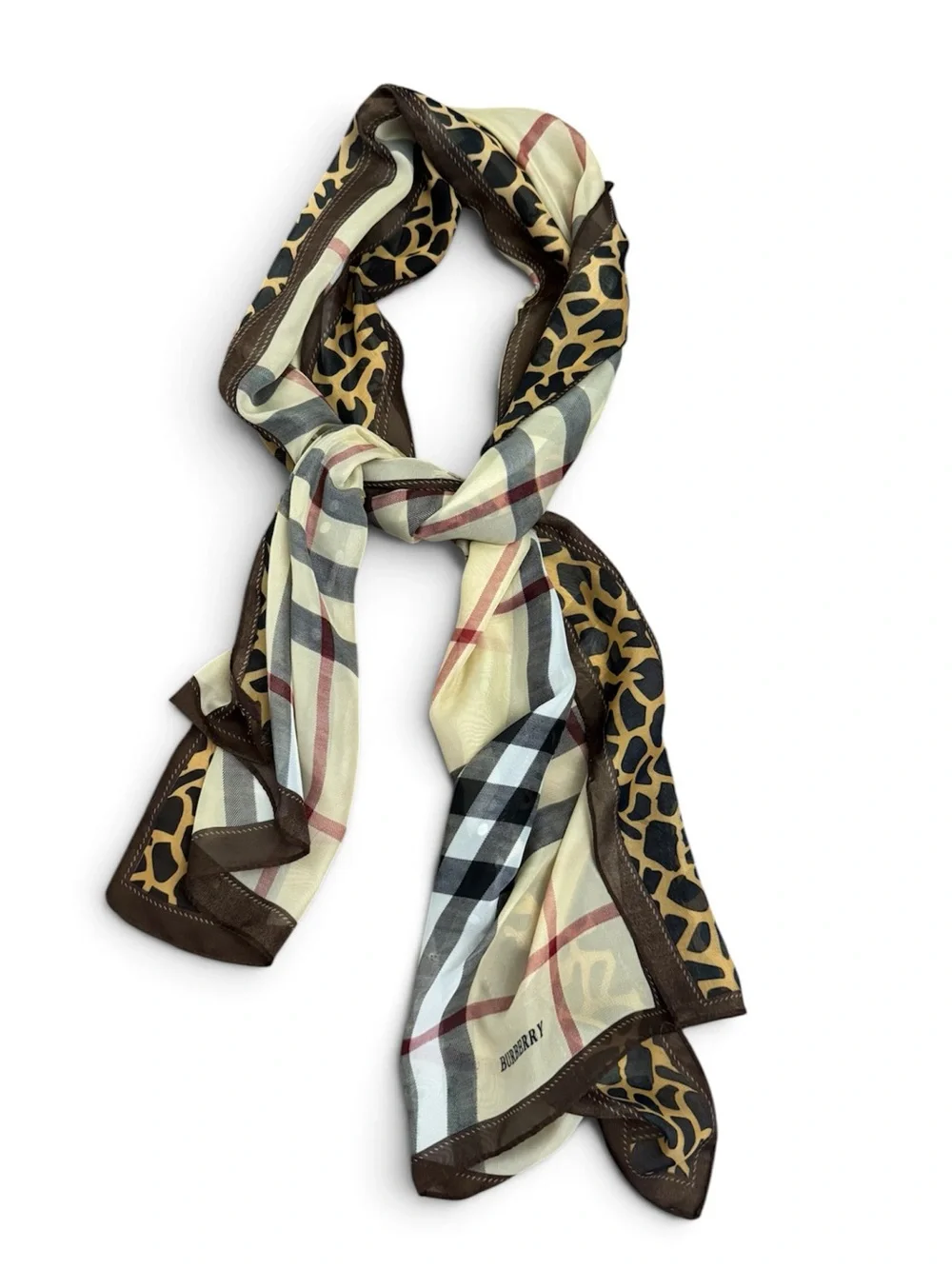 Burberry Beige Plaid Scarf with Leopard-Trim Accent